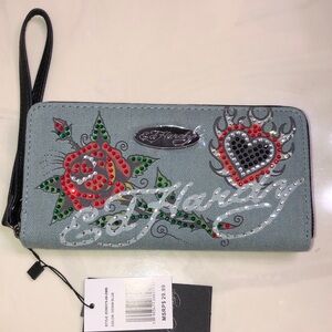 Ed Hardy Denim Blue ZA Wallet Rose & Flaming Heart Tattoo Rhinestone Accents NWT